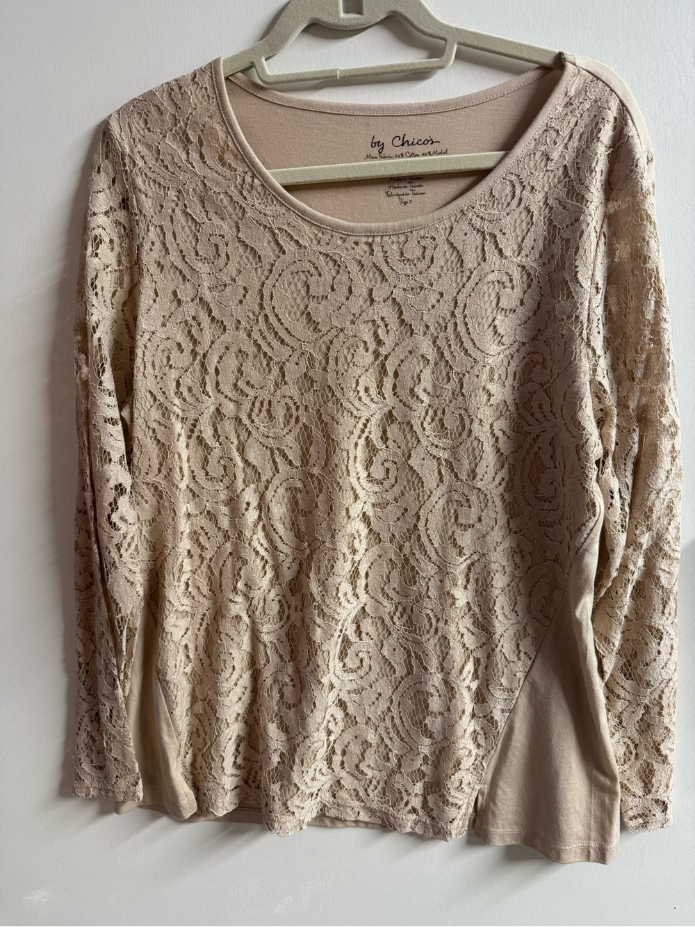 Chico's Beige Lace Overlay Long-Sleeve Top